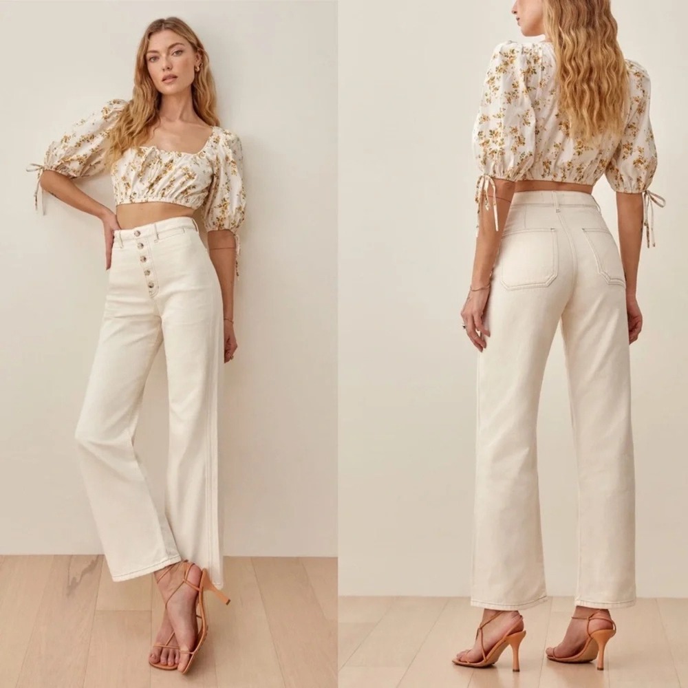 Reformation Lexi High Rise Wide Leg Button Fly Minimalist Jeans Cream Women 25